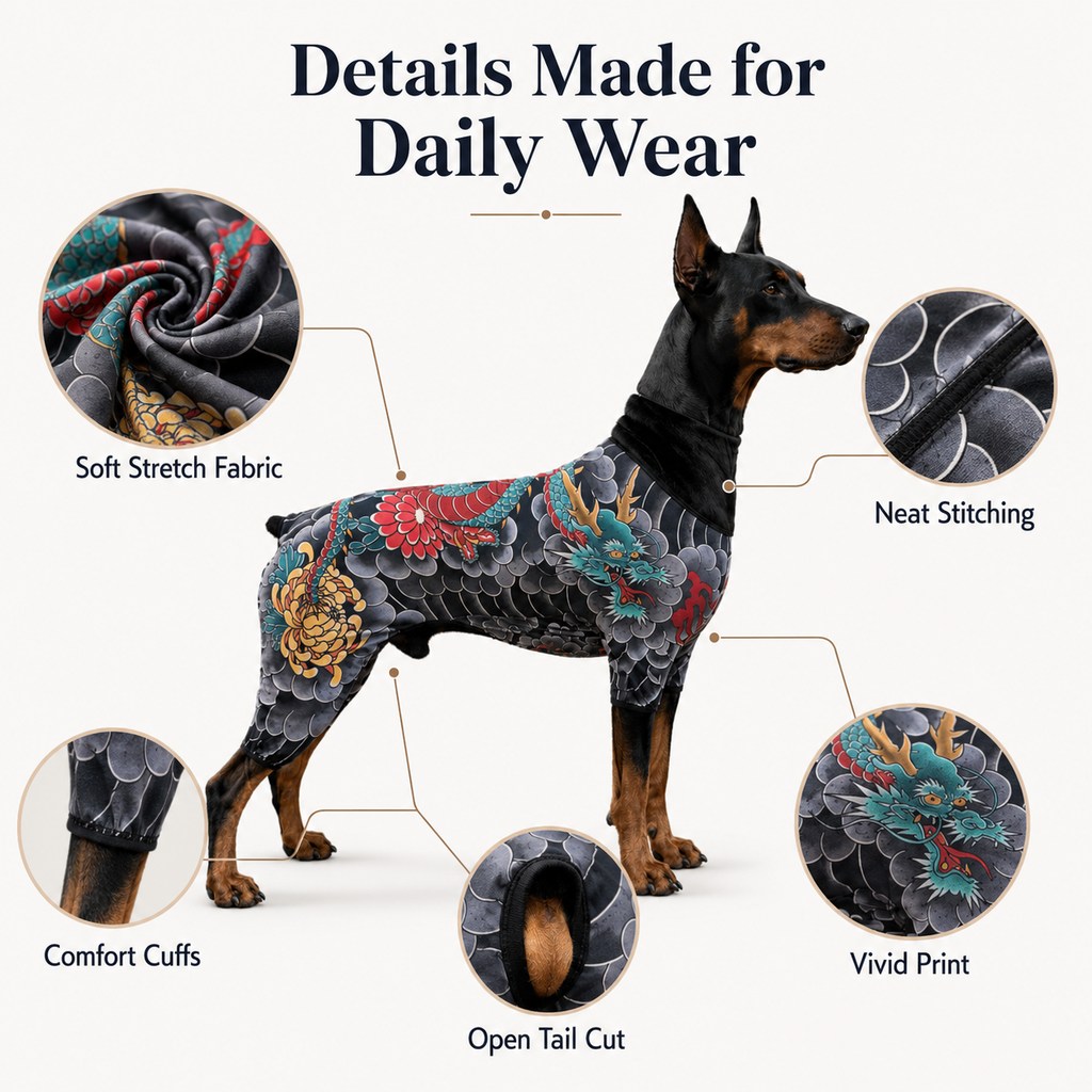 Tattoo-Print Soft Stretch Pet Bodysuit (Open Tail) – view 9