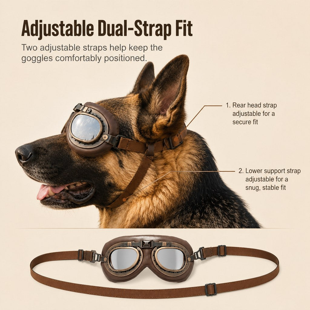 Wind & Dust-Resistant Adjustable Dual-Strap Dog Goggles (Retro Aviator) – view 13