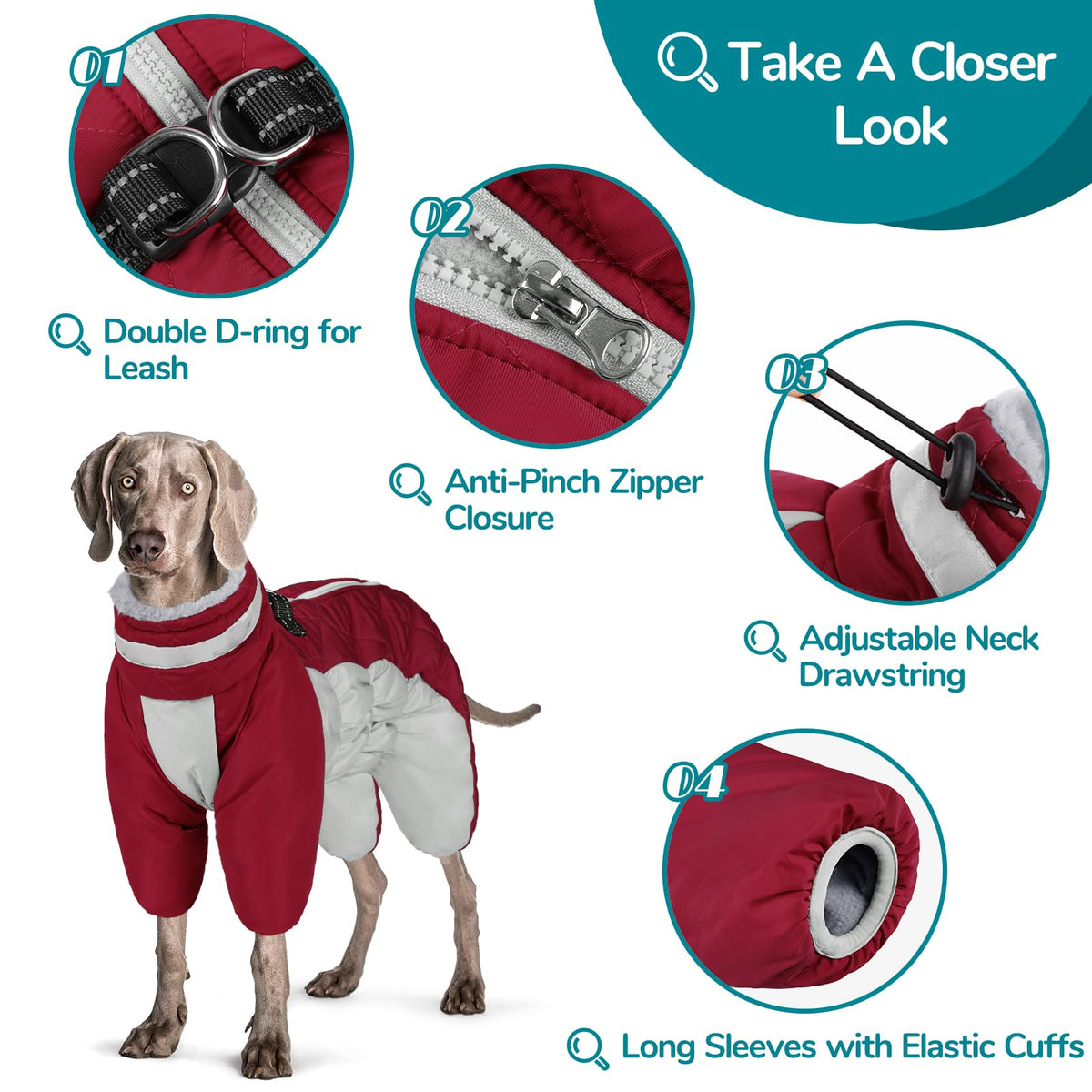 Four-Legged Windproof Waterproof Dog Snowsuit Dog Coat with Zipper Turtleneck Fleece Dog Jacket – view 8
