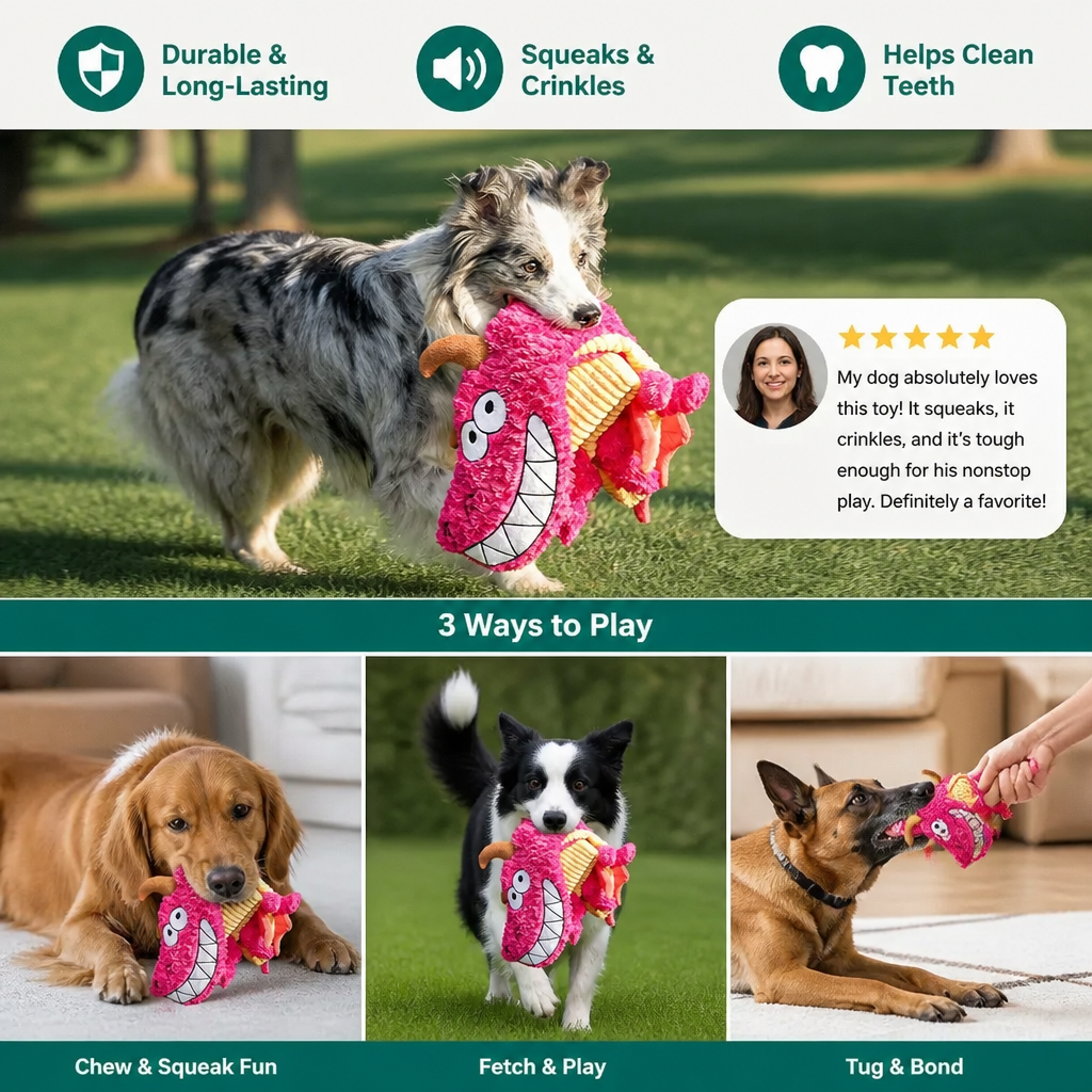 Durable Plush Dragon Dog Toy – Squeaky Crinkle Tug Toy – view 7