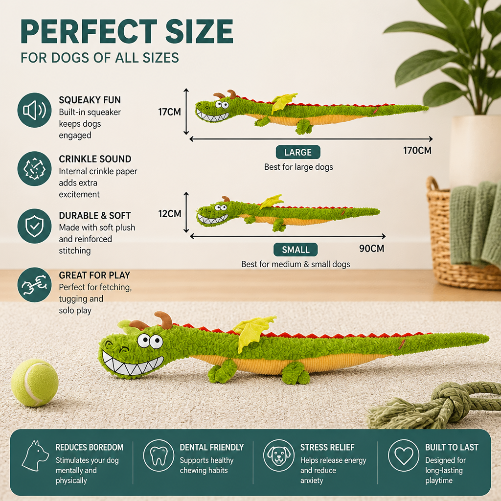 Durable Plush Dragon Dog Toy – Squeaky Crinkle Tug Toy – view 8