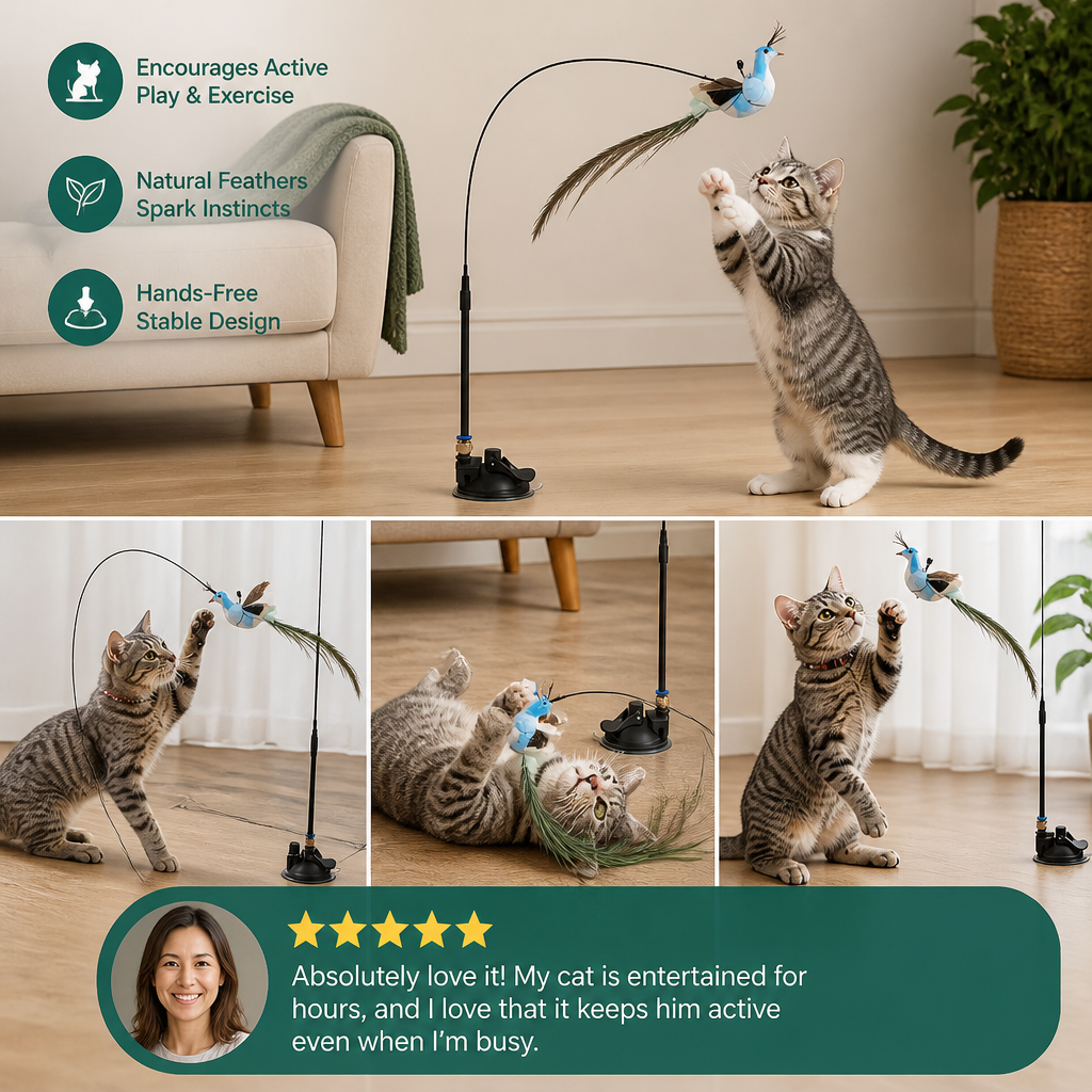 Hands-Free Interactive Cat Wand Toy with Natural Feathers & Suction Cup – view 7