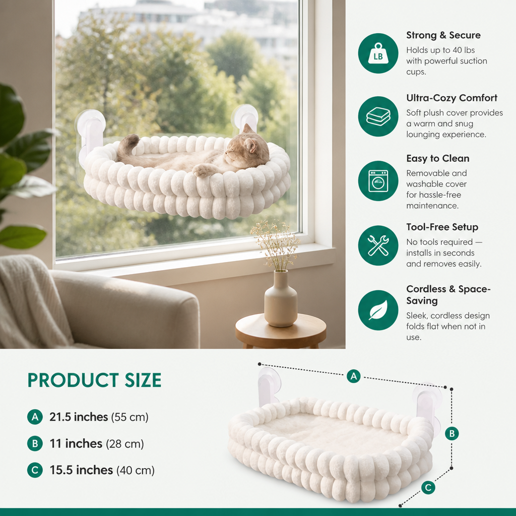 Fluffy Cordless Folding Cat Window Hammock with Strong Suction Cups & Washable Cover – view 7