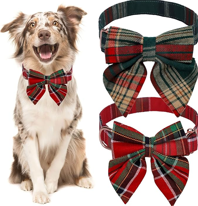 Dog Collar with Checkered Pattern and Bow for Christmas and Festive Occasions – view 9