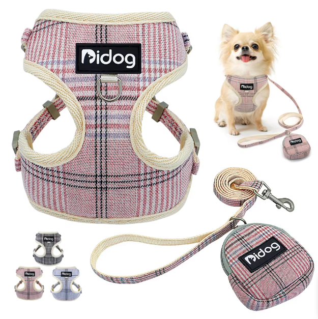 Comfortable Checkered Harness with Leash - With Practical Dog Bag for Walks – view 8