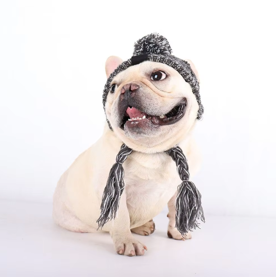 Knitted Hat for Pets with Pom-Pom and Twisted Pom-Poms in Pink – view 9