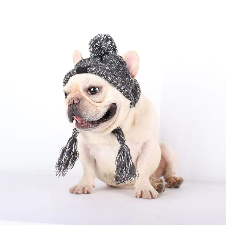 Knitted Hat for Pets with Pom-Pom and Twisted Pom-Poms in Pink – view 10