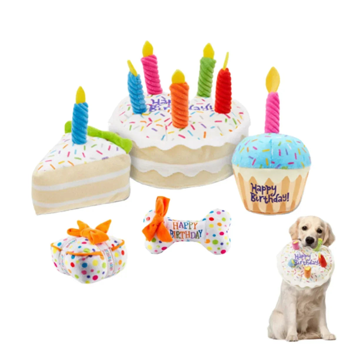 Birthday Dog Toys Set – Plush Cake, Cupcake & Bone with Squeaky Function – view 8