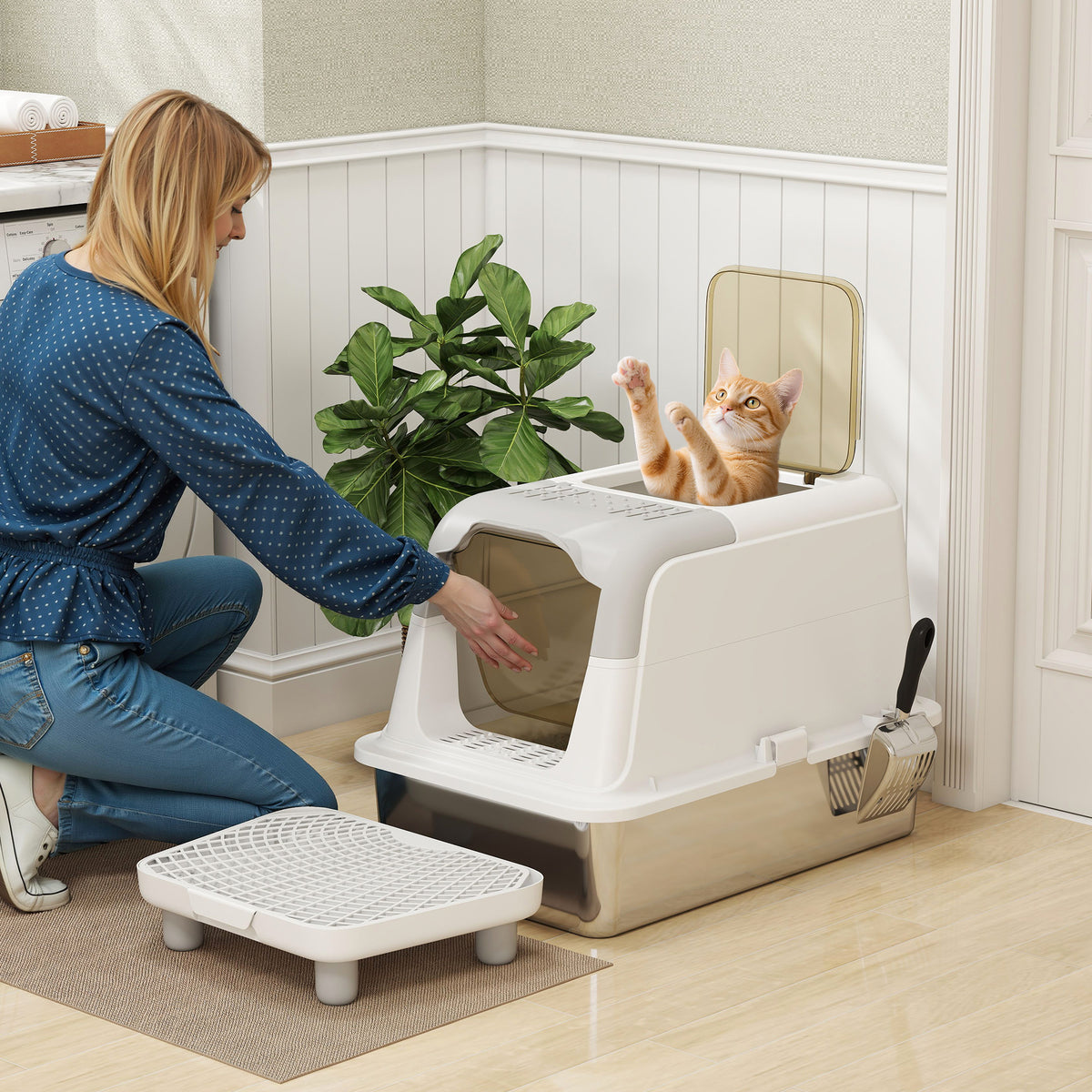 Enclosed Stainless Steel Cat Litter Box with Scoop and Deodorizer – view 9