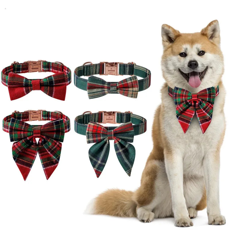 Dog Collar with Checkered Pattern and Bow for Christmas and Festive Occasions – view 8