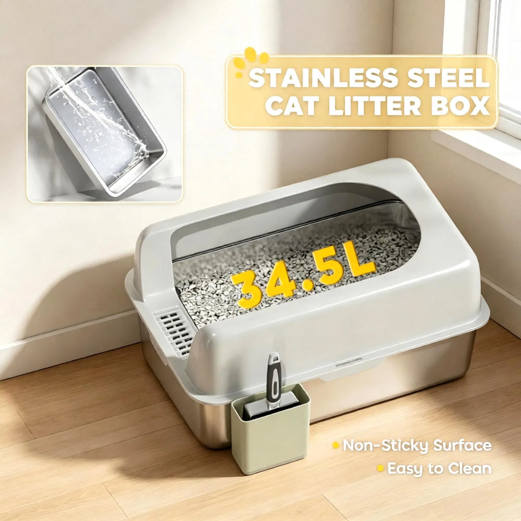 High-Sided Stainless Steel Litter Box Set for Cats – view 9