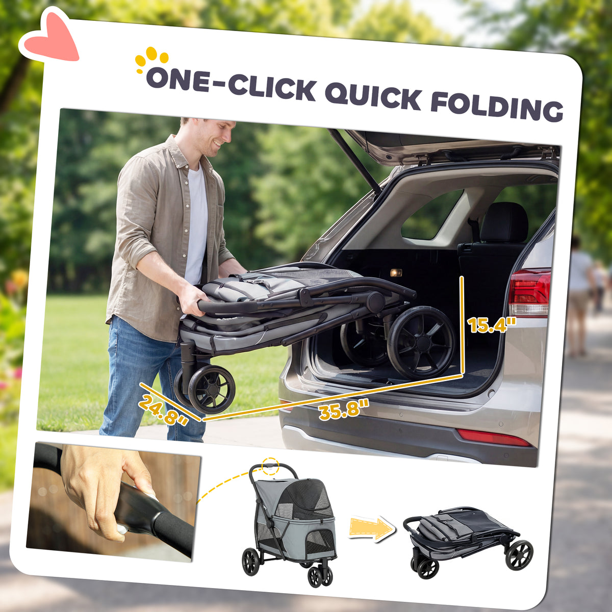 3 Wheel Pet Stroller for Medium Dogs with Easy One-Click Fold – view 9