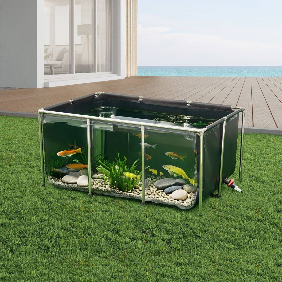 Above Ground Canvas Fish Pond with Clear Viewing Panel, 270 Gal – Black