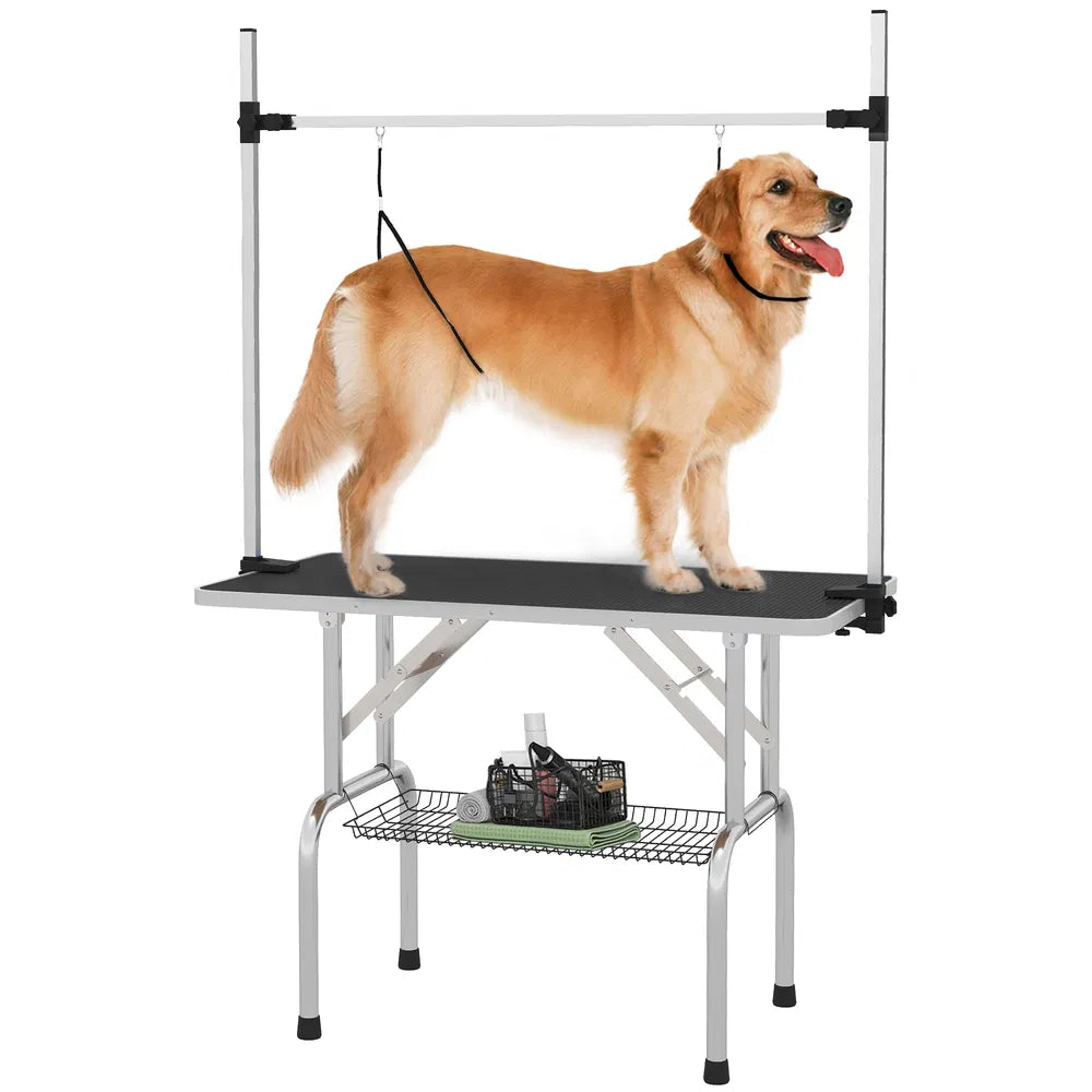 Adjustable Dog Grooming Table with Safety Slings and Storage – black