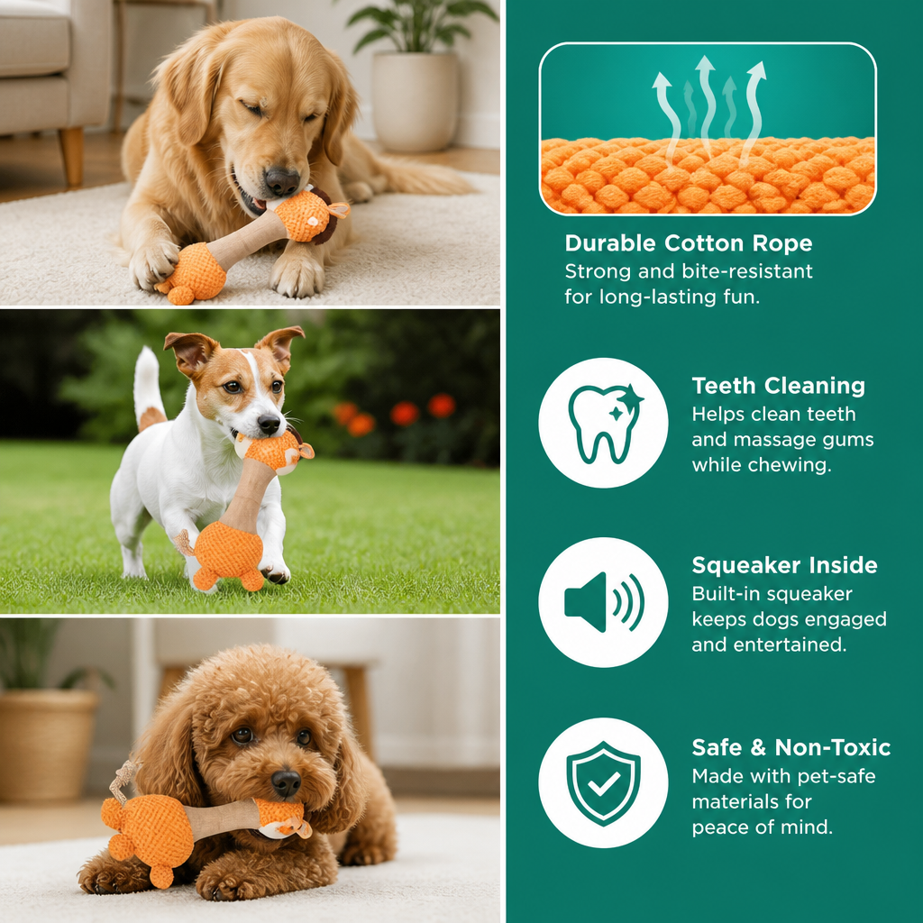 Durable Cotton Rope Teeth Cleaning Plush Dog Toy with Squeaker – view 7
