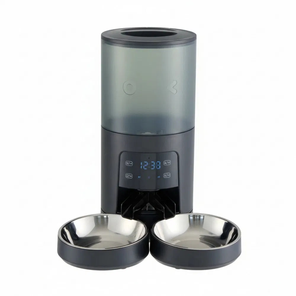 Automatic Cat Feeder with Dual Bowls and Voice Recorder – black