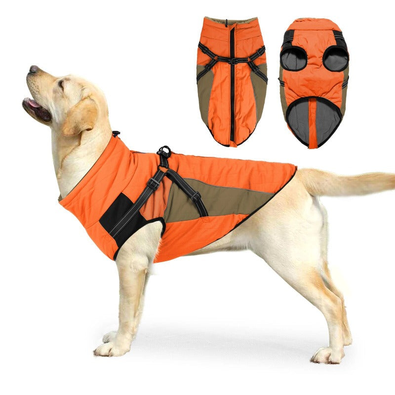 Autumn Winter Dog Jacket with Harness Dogs Reflective Safety Pet Snow Coat – Orange / S