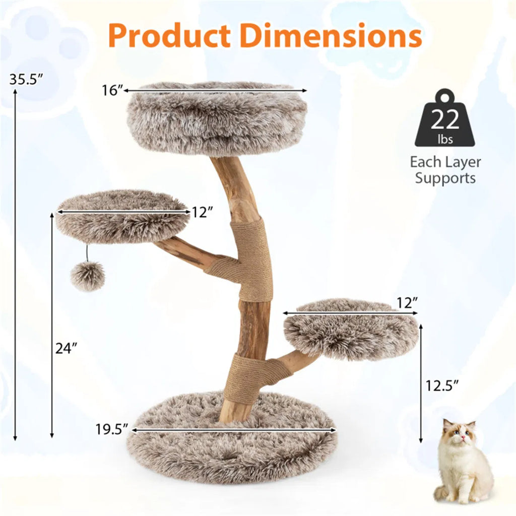 Natural Pear Wood Cat Tree with Plush Levels and Scratching Posts – view 9