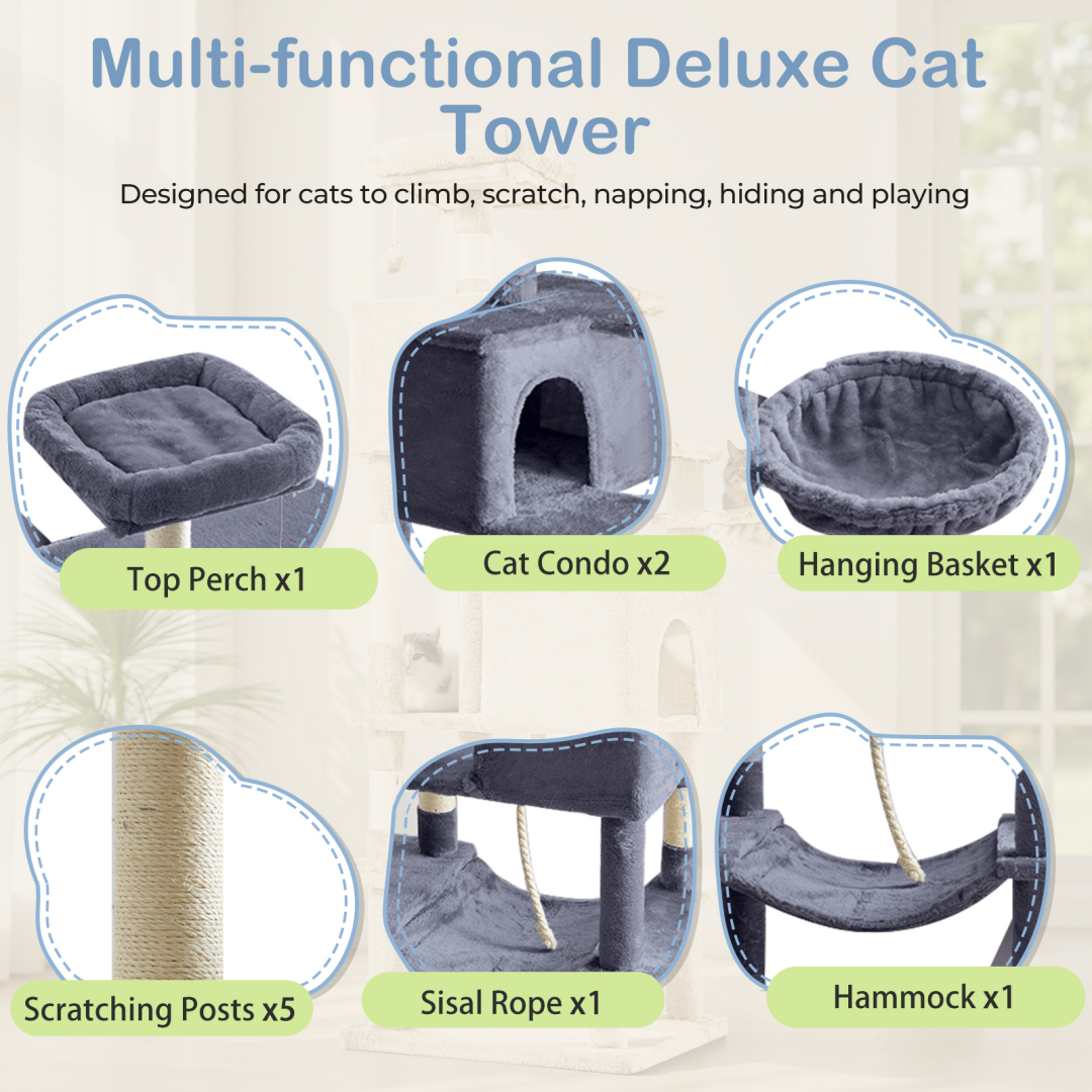 66 Inch Cat Tree Tower with Hammock and Condos – view 8