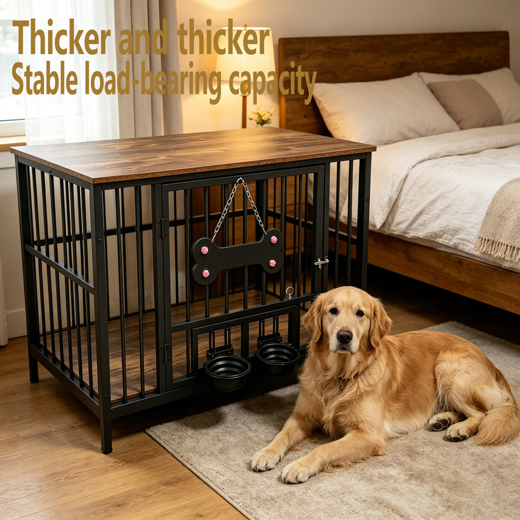 Vintage Wood Grain Dog Cage with Rotating Bowl – view 9