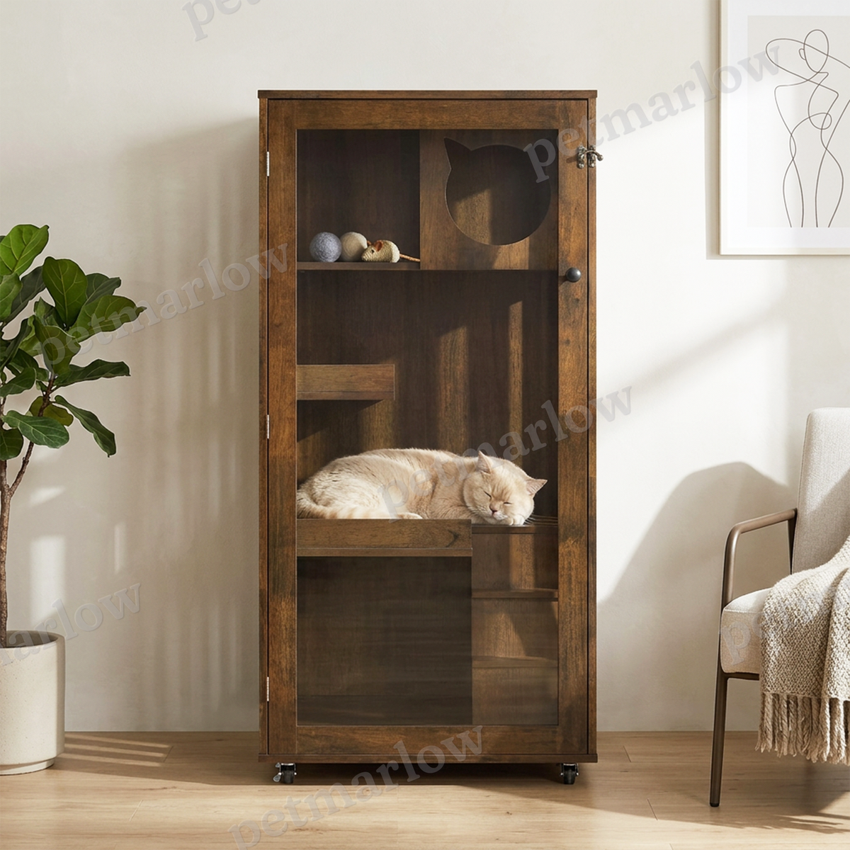 Indoor Rubber Wood Cat Cabinet with Wheels – view 5