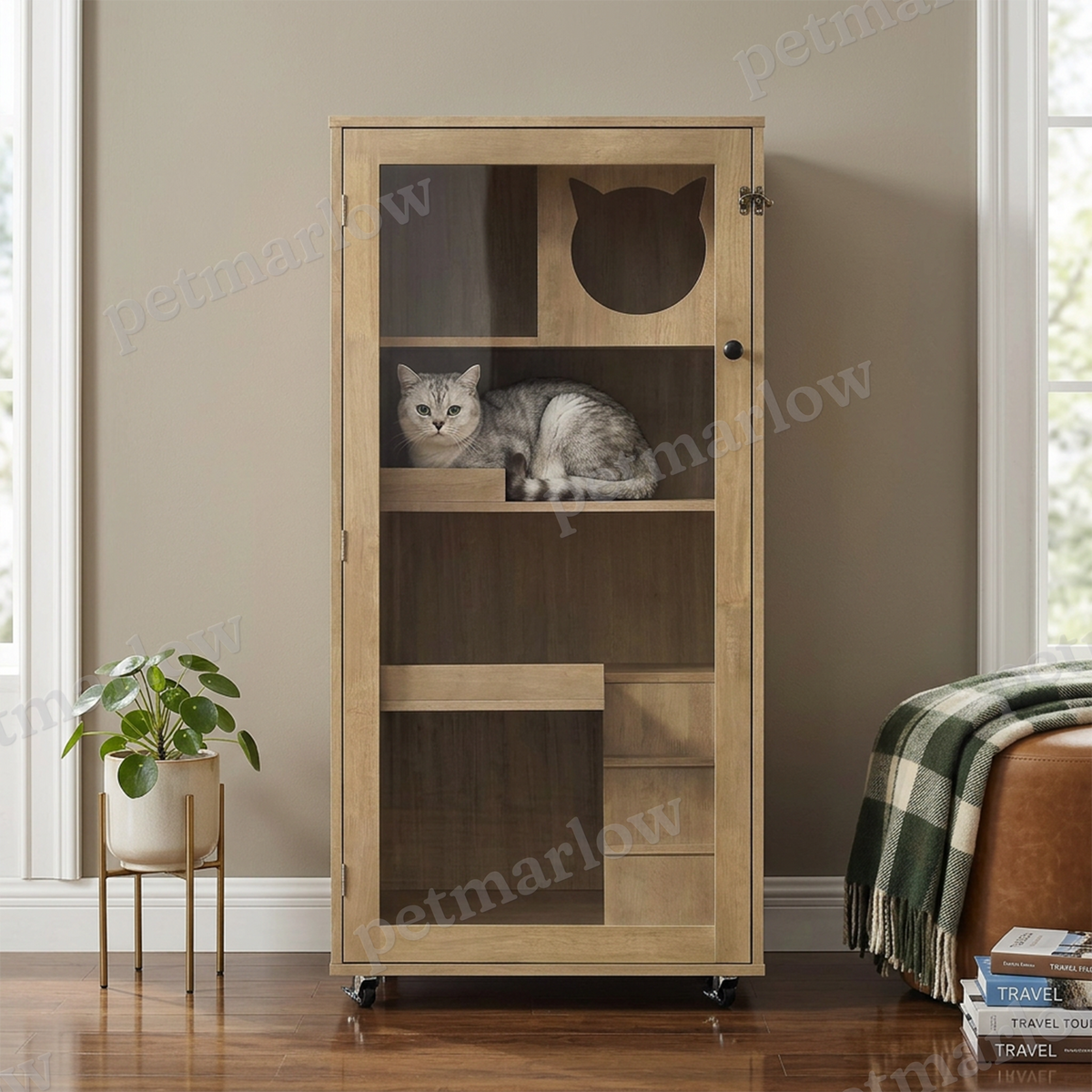Rubber Wood Cat Cabinet with Wheels for Cats – view 2