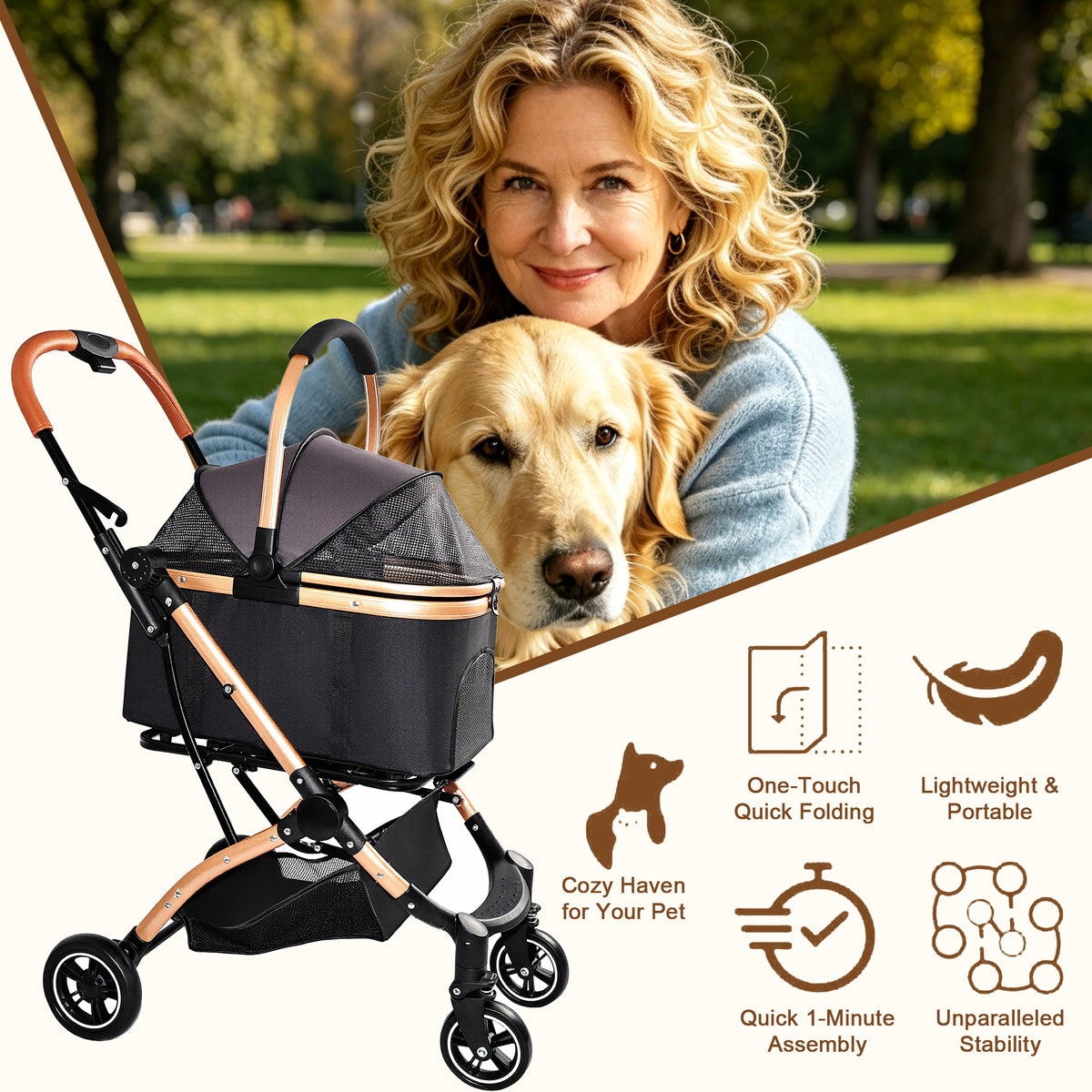 Pet Stroller for Dogs and Cats with Detachable Basket – view 9