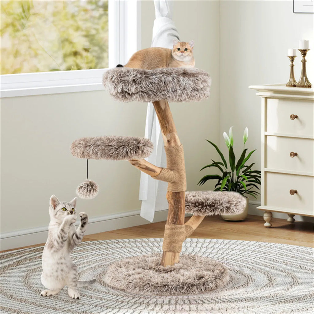 Natural Pear Wood Cat Tree with Plush Levels and Scratching Posts – view 7
