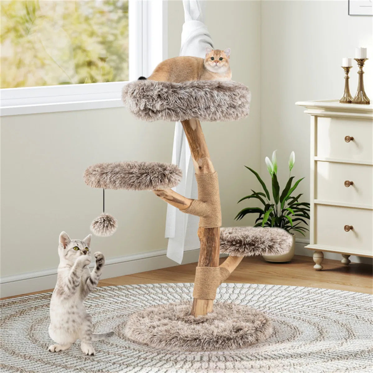 Natural Pear Wood Cat Tree with Plush Levels and Scratching Posts – view 7