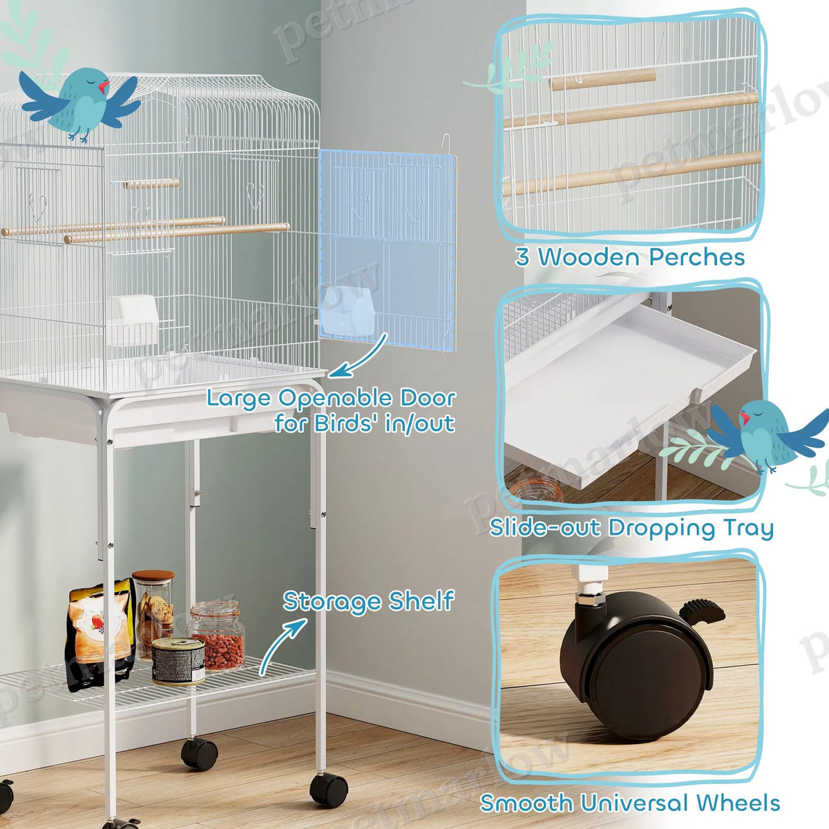 Bird Cage with Play Top and Storage Shelf for Small Birds – view 3