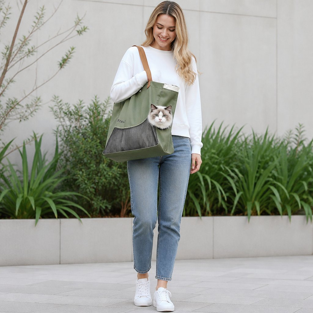 Breathable Canvas Cat Carrier Tote Bag with Mesh Window