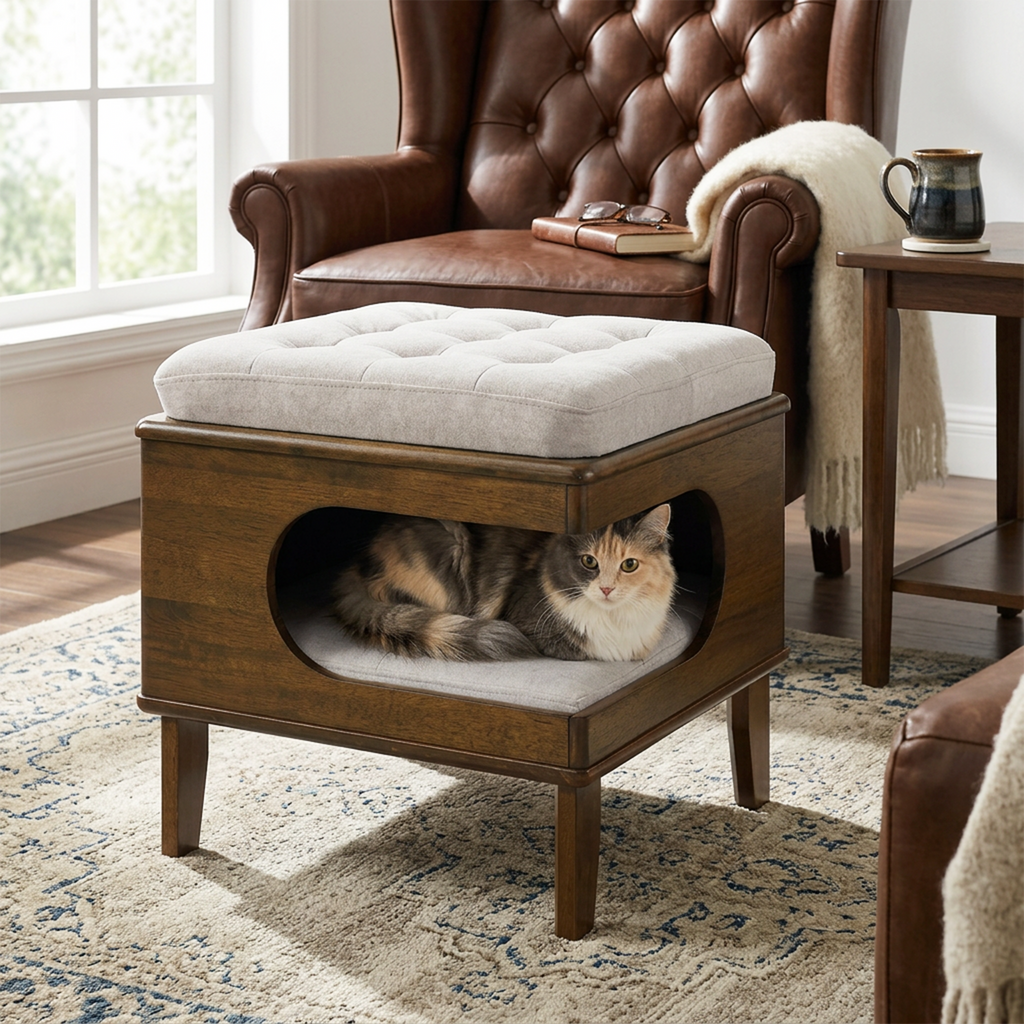Rubber Wood Cat Bed Ottoman with Cat Cave – view 10