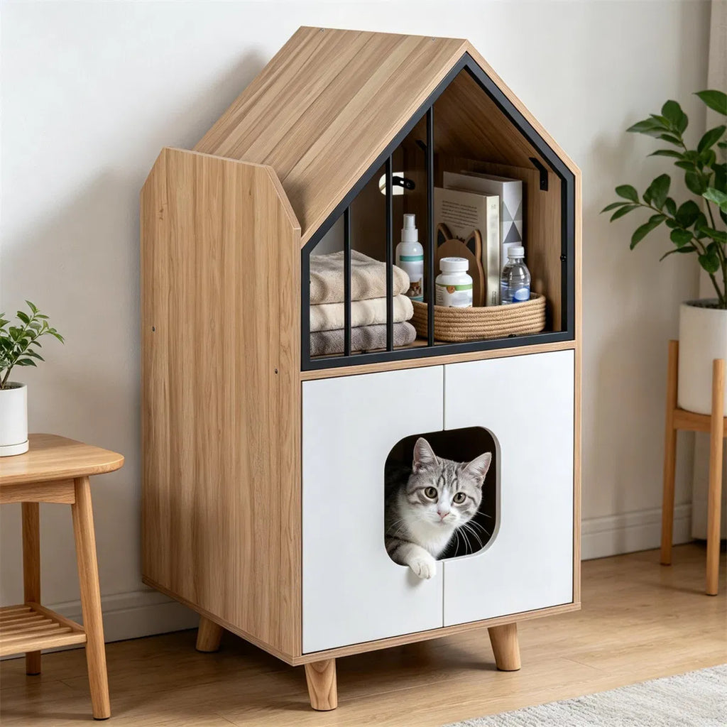 Hidden Cat Litter Box Furniture with Elevated Lounge – view 11