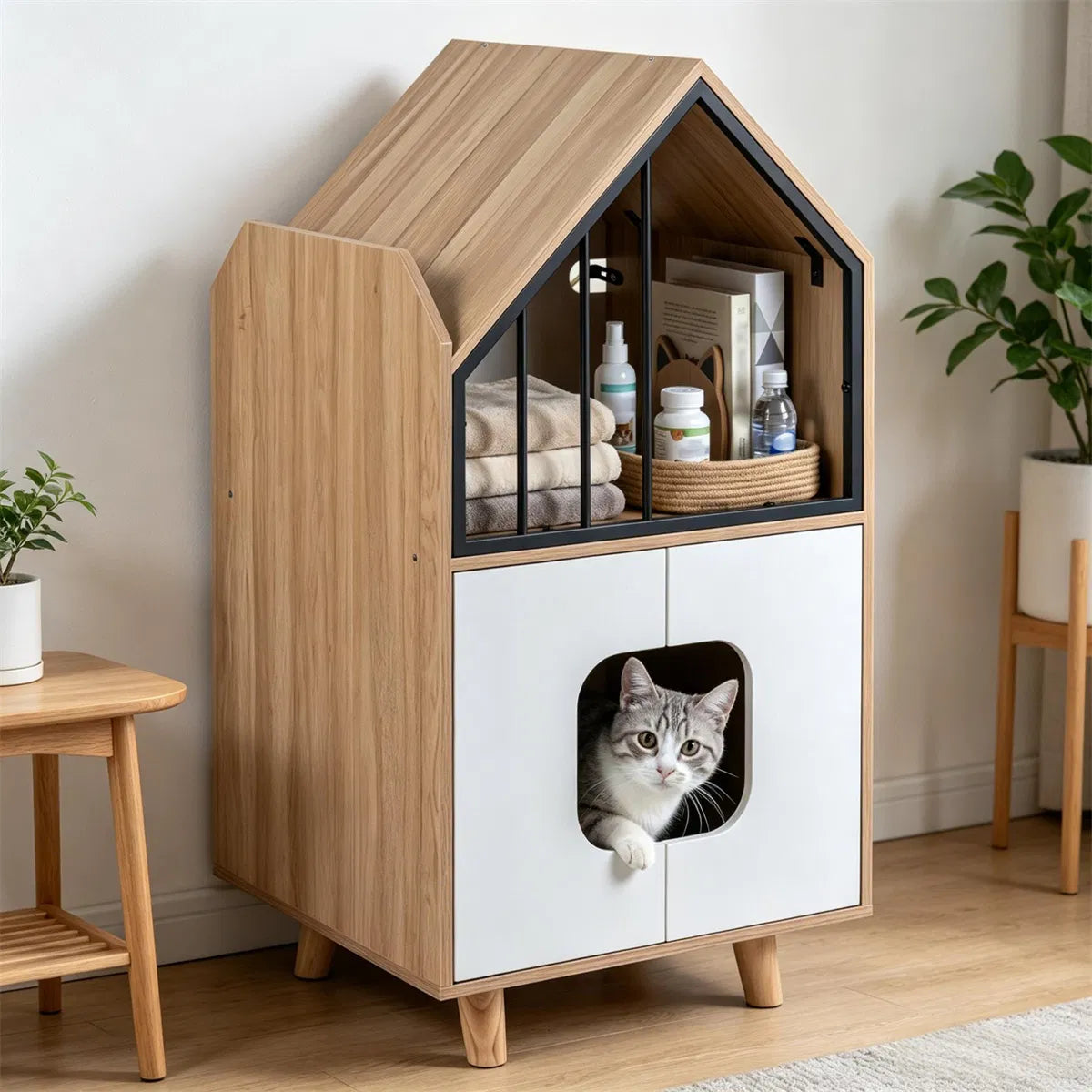 Hidden Cat Litter Box Furniture with Elevated Lounge – view 11
