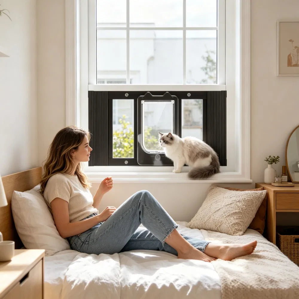 Cat Door for Window with Adjustable Length and 4-Way Locking