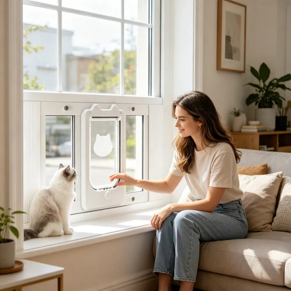Cat Door for Window with Adjustable Length and 4-Way Locking System