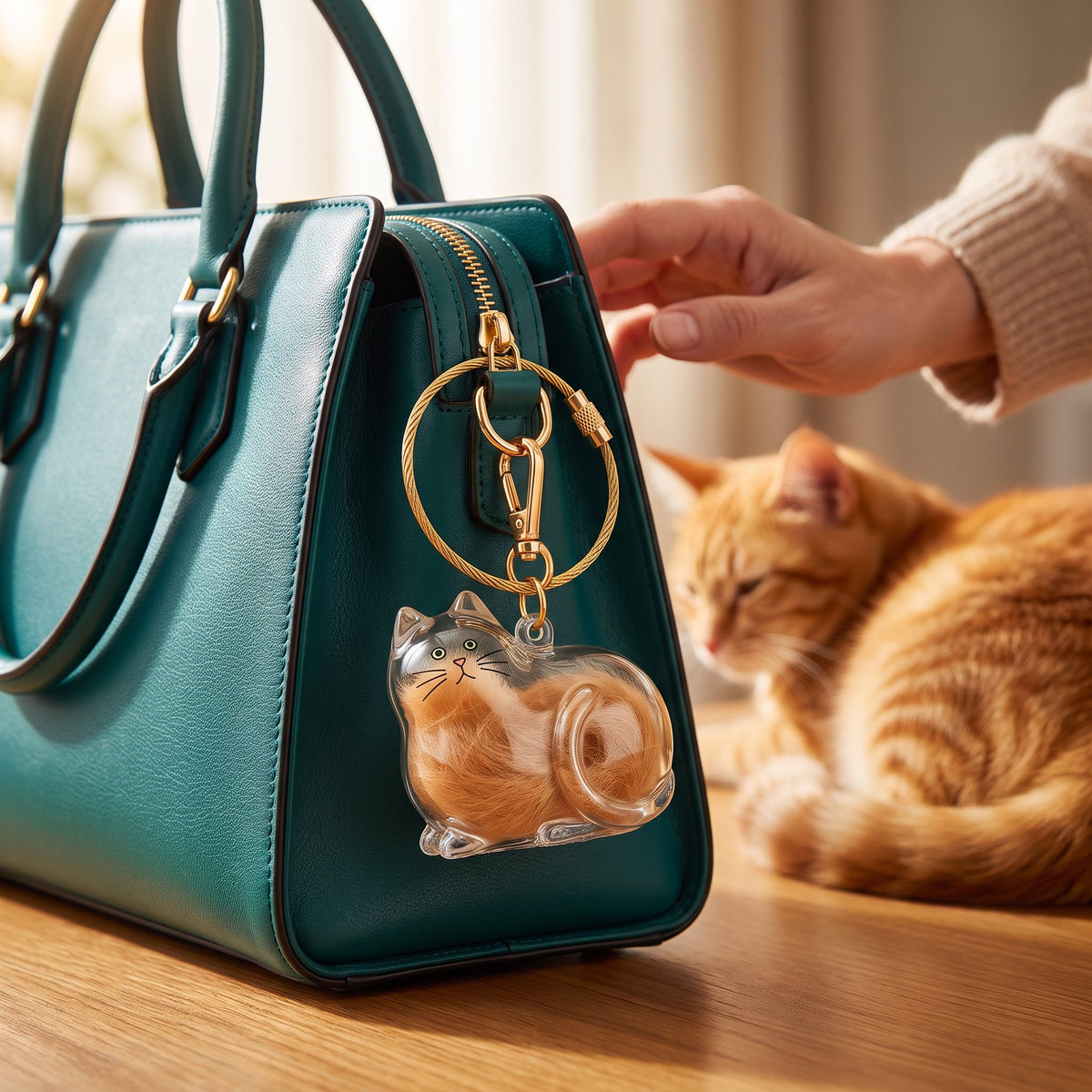 Cat Hair Keepsake Keychain – Pet Fur Memory Holder – Orange Cat
