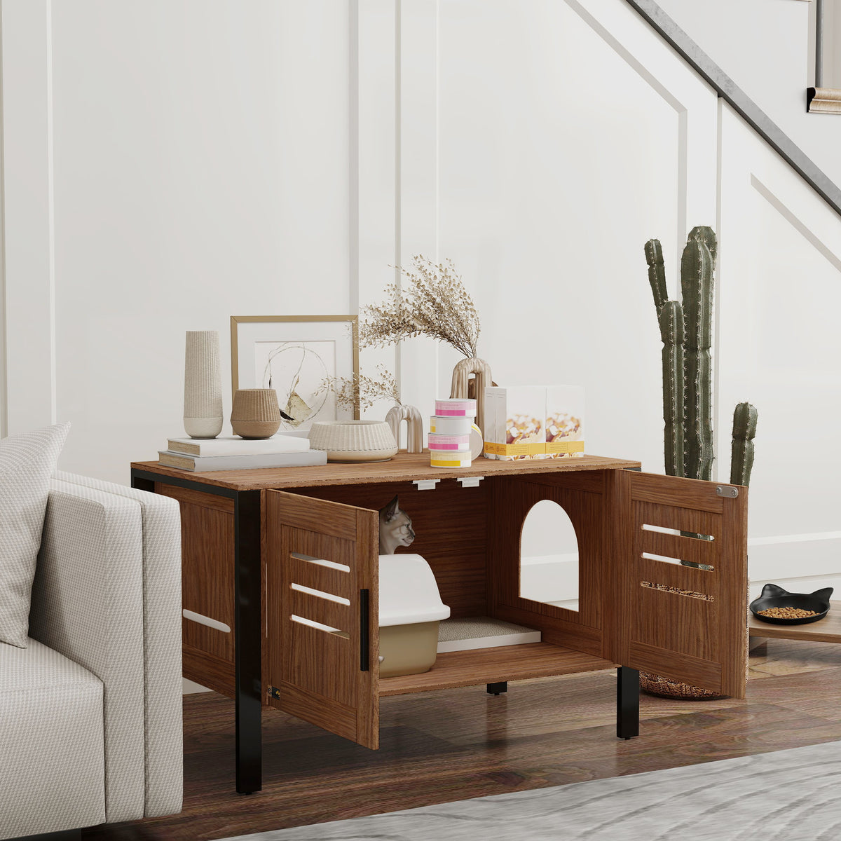 Cat Litter Box Enclosure with Scratching Board and Tall Legs