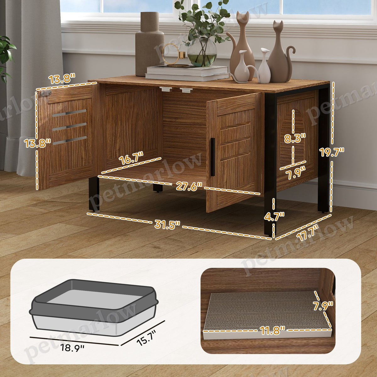 Cat Litter Box Enclosure with Scratching Board and Tall Legs – view 4