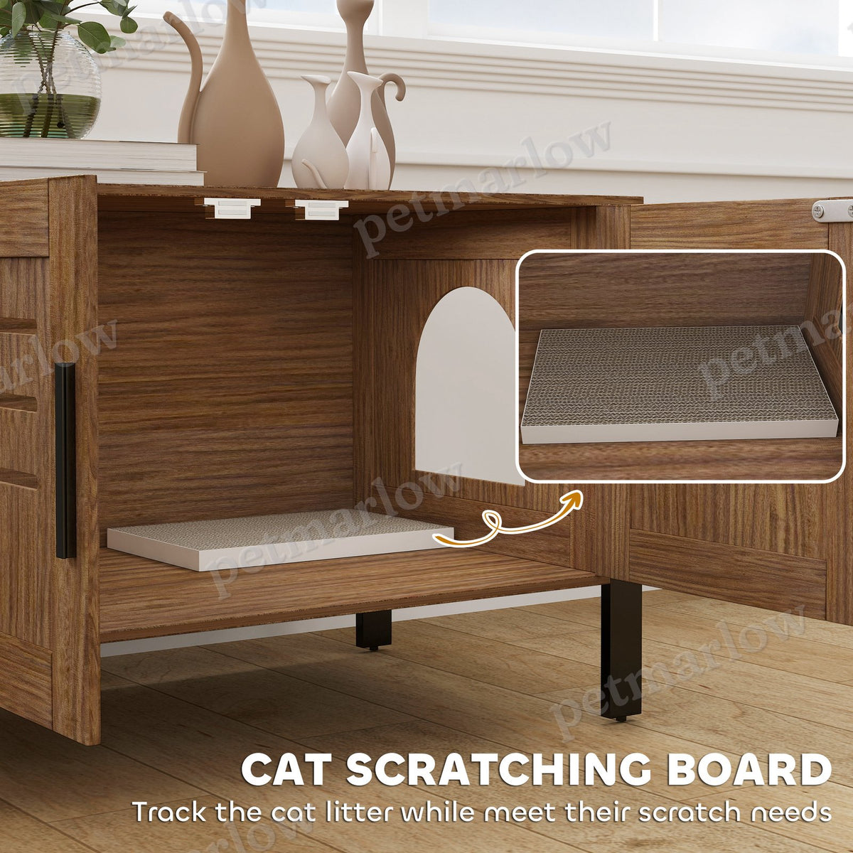 Cat Litter Box Enclosure with Scratching Board and Tall Legs – view 6