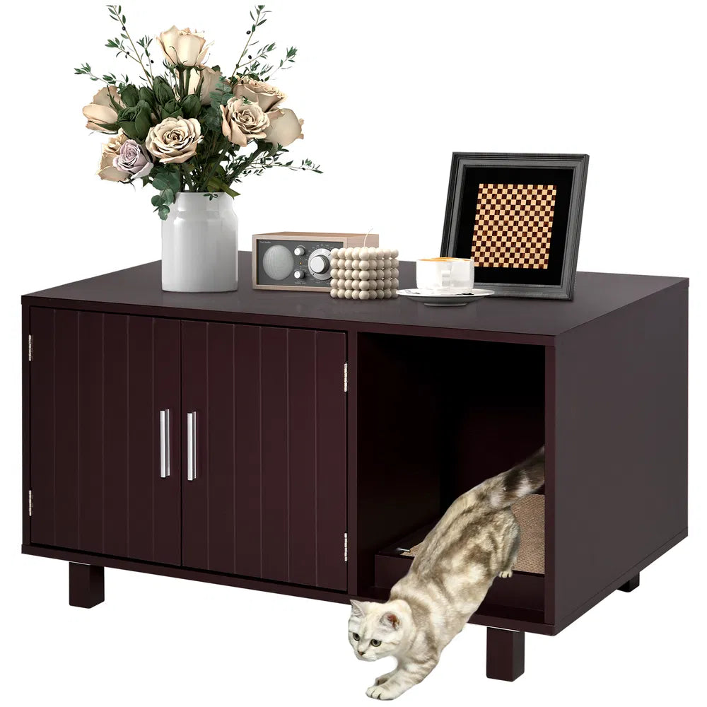 Cat Litter Box Enclosure with Scratching Pad and Storage – Coffee