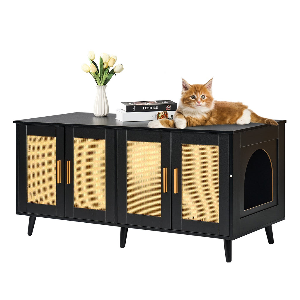 Cat Litter Box Enclosure Furniture with Rattan Doors
