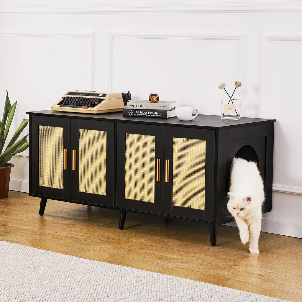 Cat Litter Box Enclosure Furniture with Rattan Doors – Multicolor