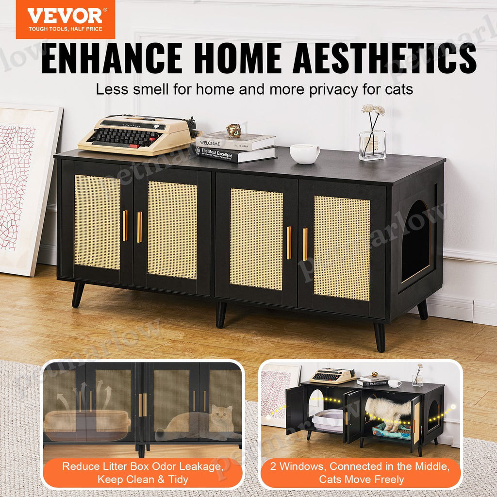 Cat Litter Box Enclosure Furniture with Rattan Doors – view 4