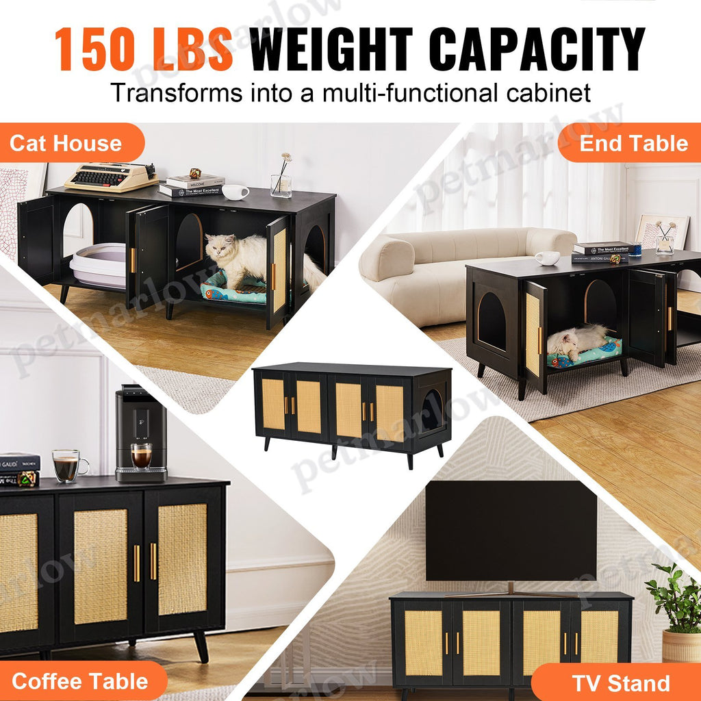Cat Litter Box Enclosure Furniture with Rattan Doors – view 5
