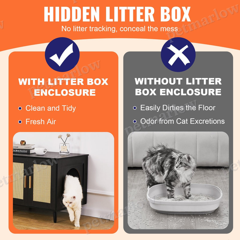 Cat Litter Box Enclosure Furniture with Rattan Doors – view 6