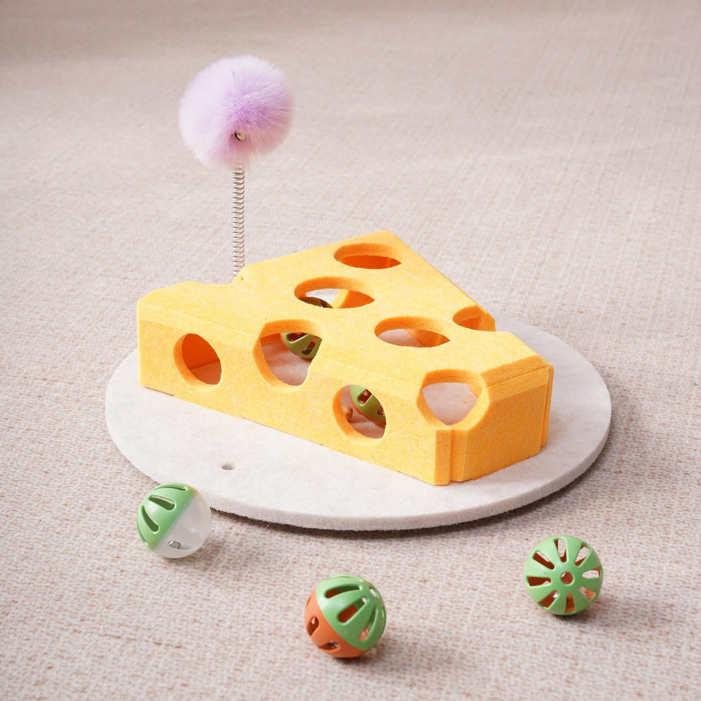 Cat Puzzle Toy With Ball And Spring-loaded Wand – Yellow