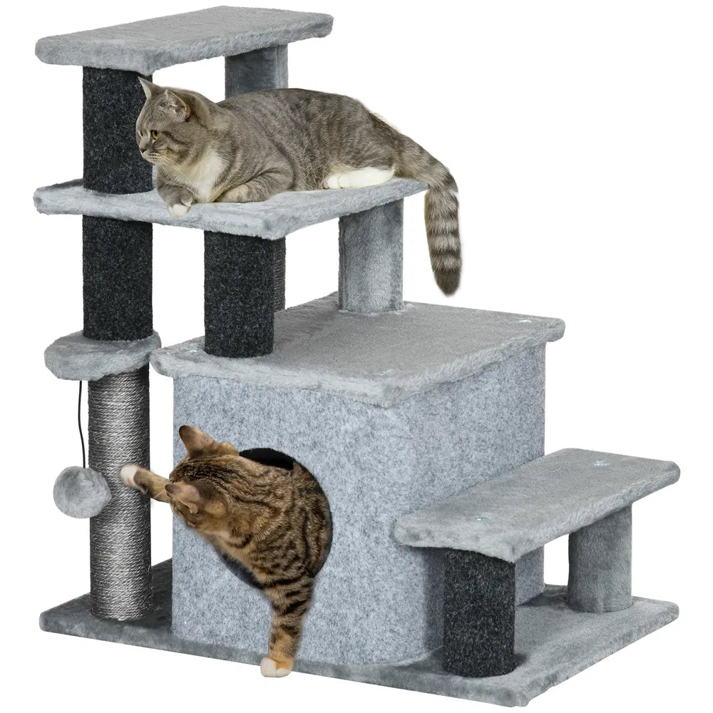 Cat Stairs Pet Steps with Scratching Posts and Condo – Grey