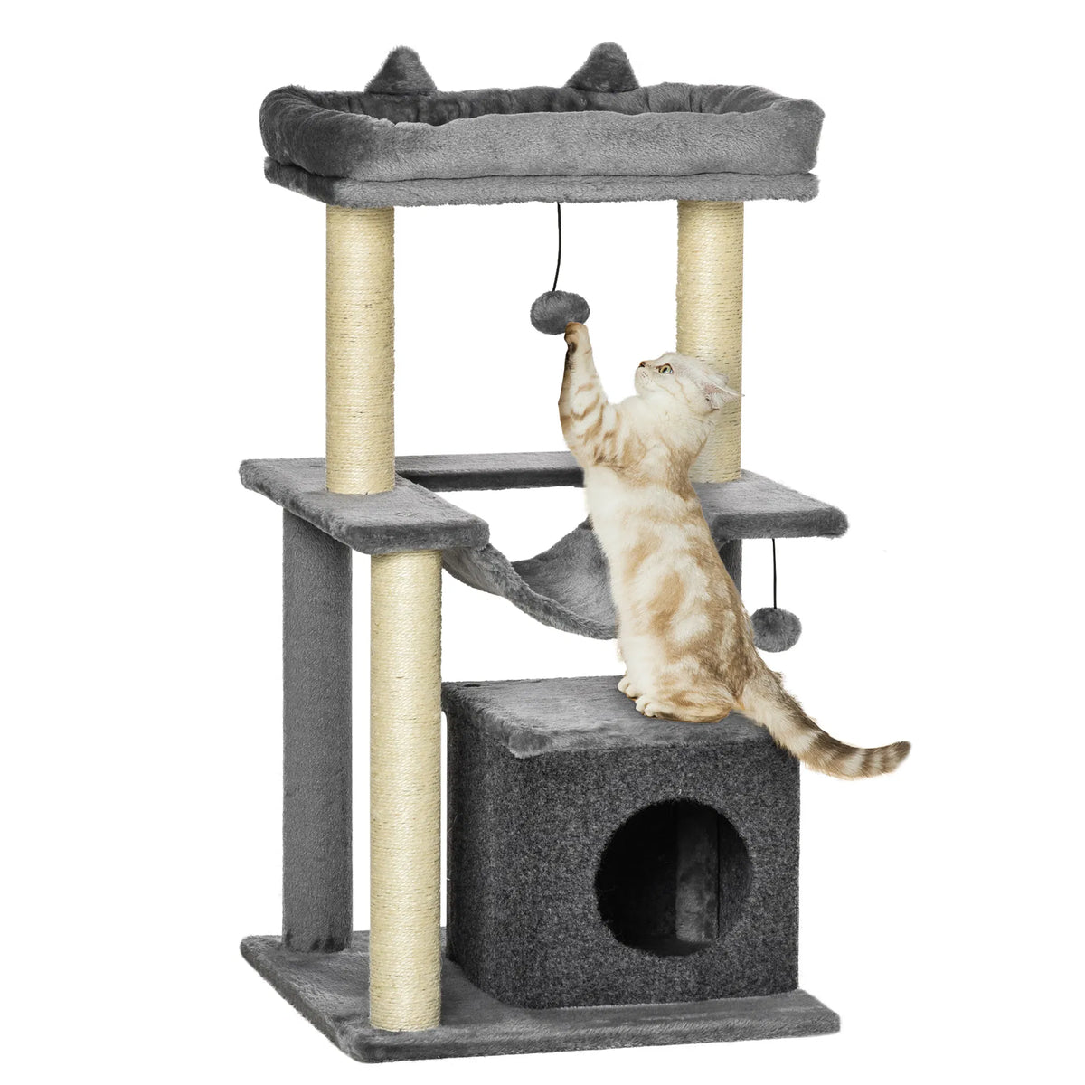 Cat Tree Tower with Scratching Post and Hammock in Grey