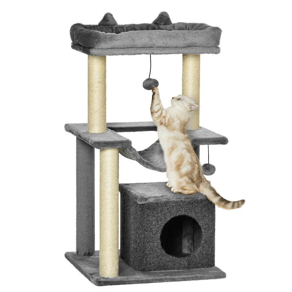 Cat Tree Tower with Scratching Post and Hammock in Grey – Grey